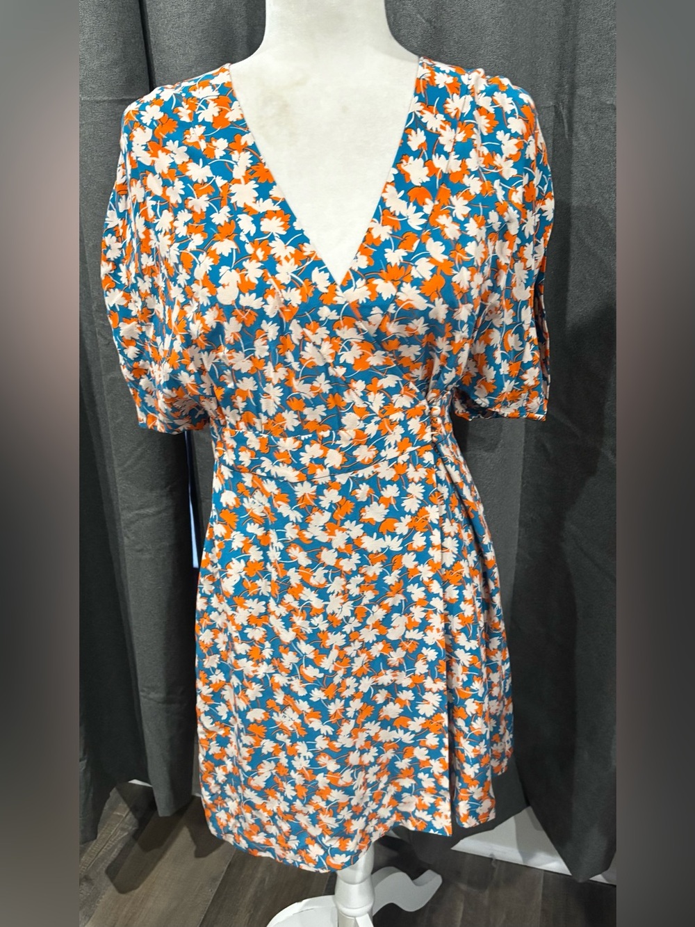 NWT Equipment Femme Short-Sleeve Botanical Print Silk Wrap Dress Blue Orange 4